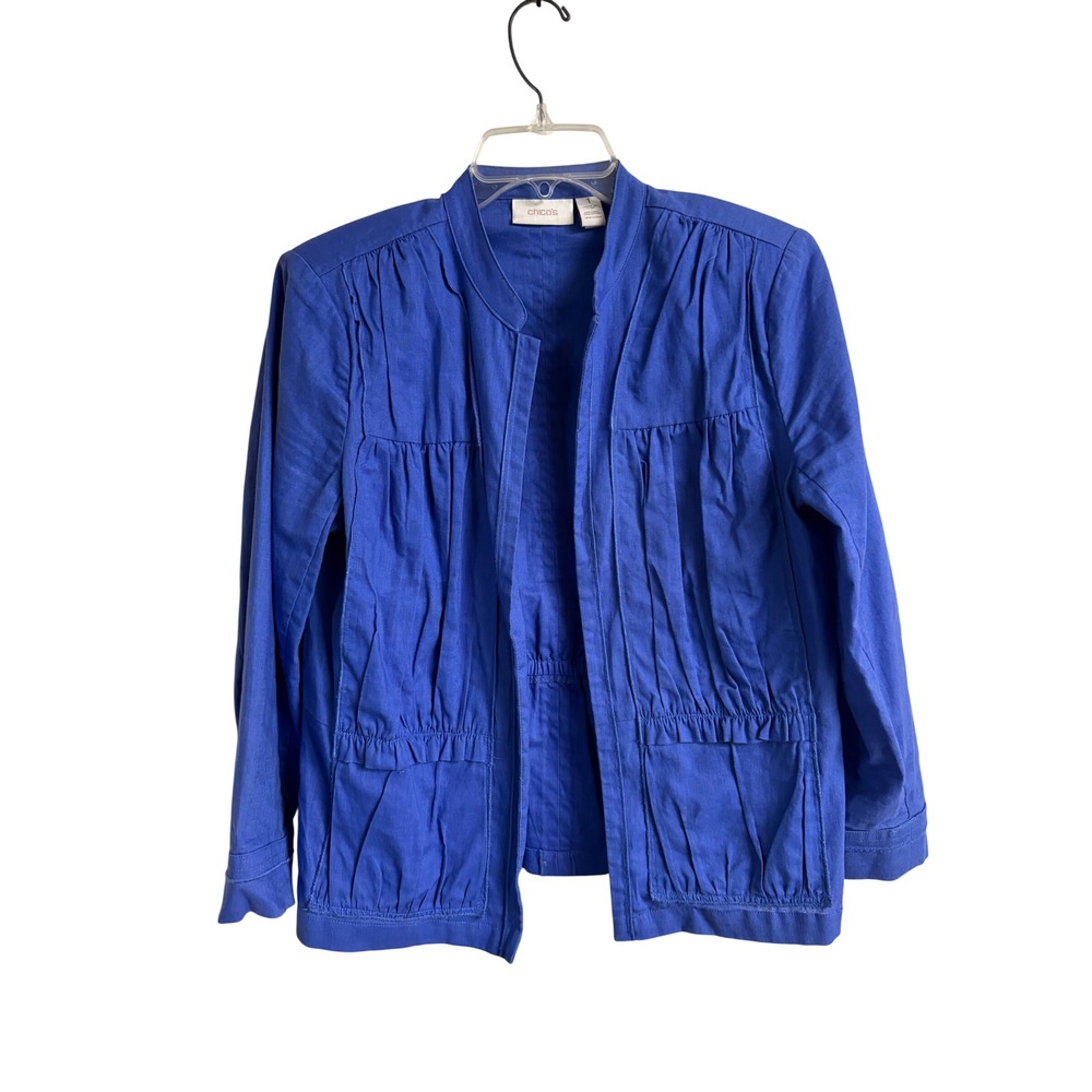 Chicos Royal Blue Linen Blend Pintuck Open Front Jacket Size 1 Womens M 8 10